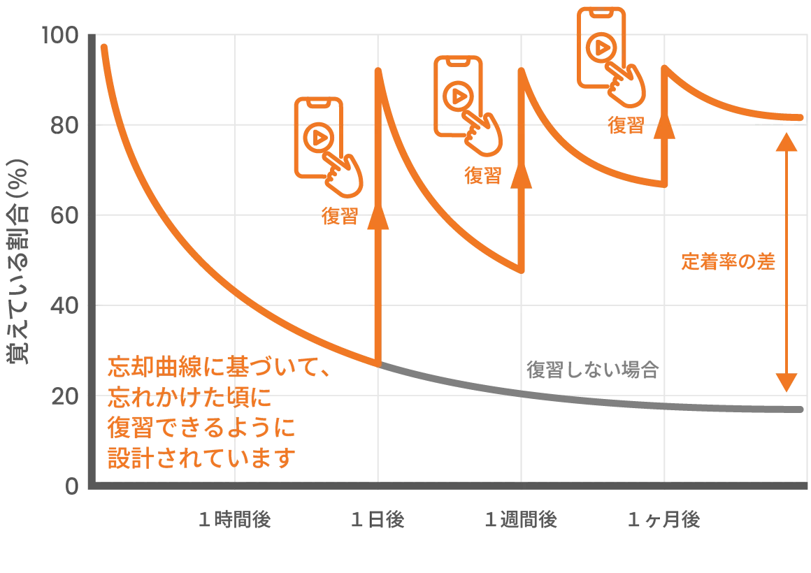 忘却曲線に基づいて、忘れかけた頃に復習できるように設計されています